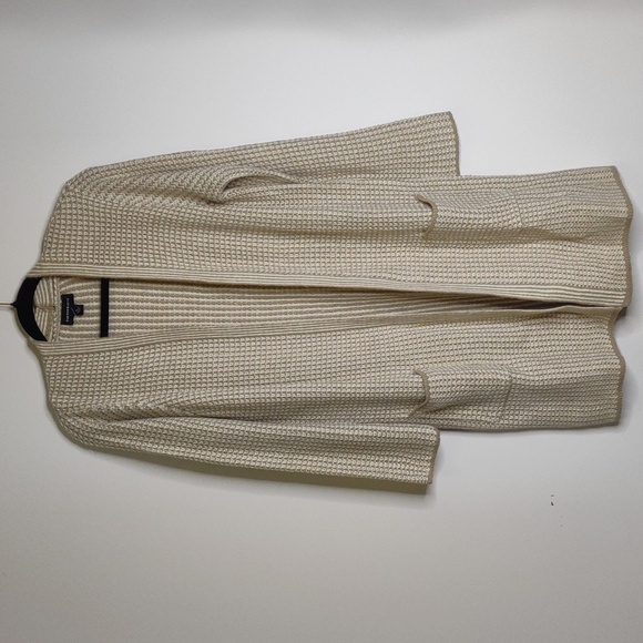 Fortune + Ivy tan and white long knit open cardigan with pockets, size L, NWOT - Picture 2 of 11